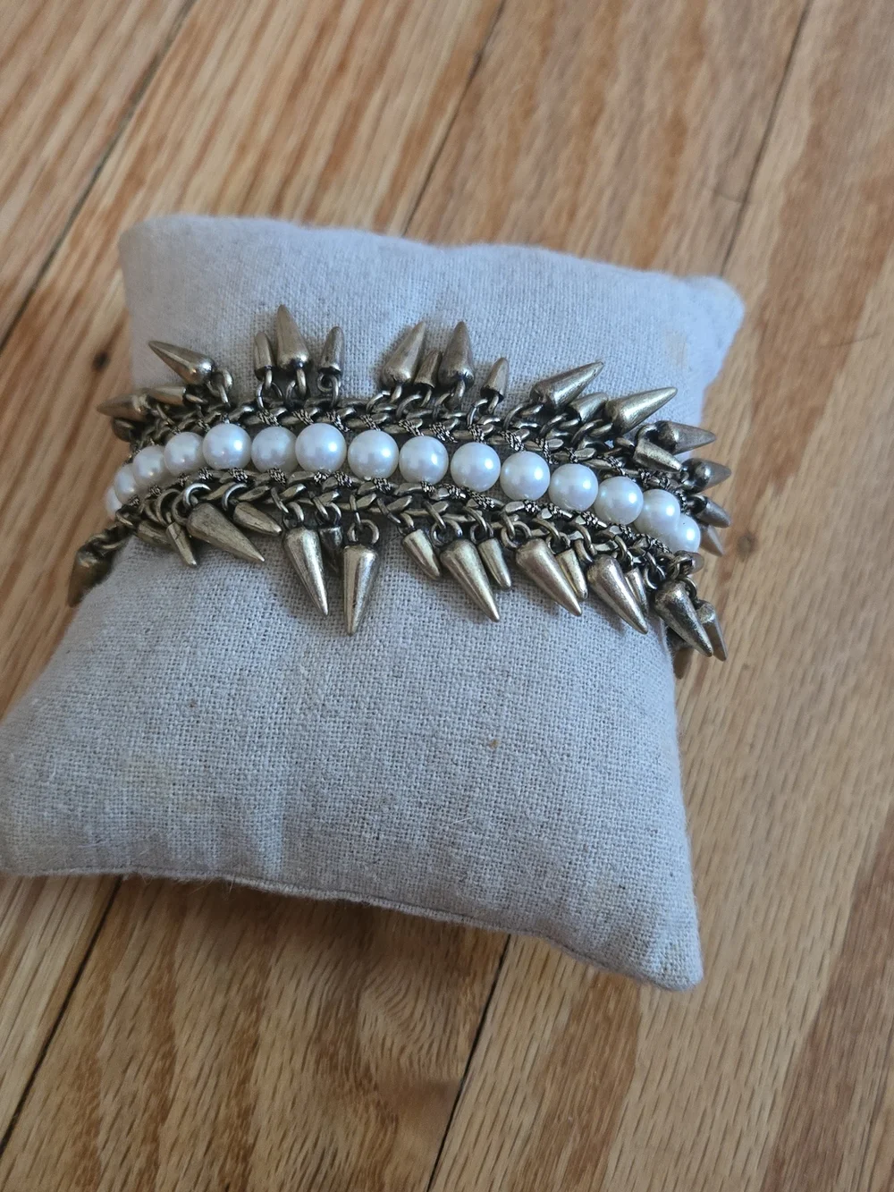 Stella & Dot White Pearl and Antique Gold Spike Layered Bracelet